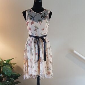Floral Sleeveless Dress with Black Ribbon Belt
